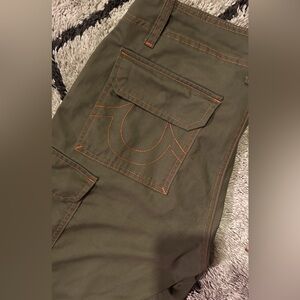 True Religion Green Cargo Pants size 28 men’s waist with Orange Stitching